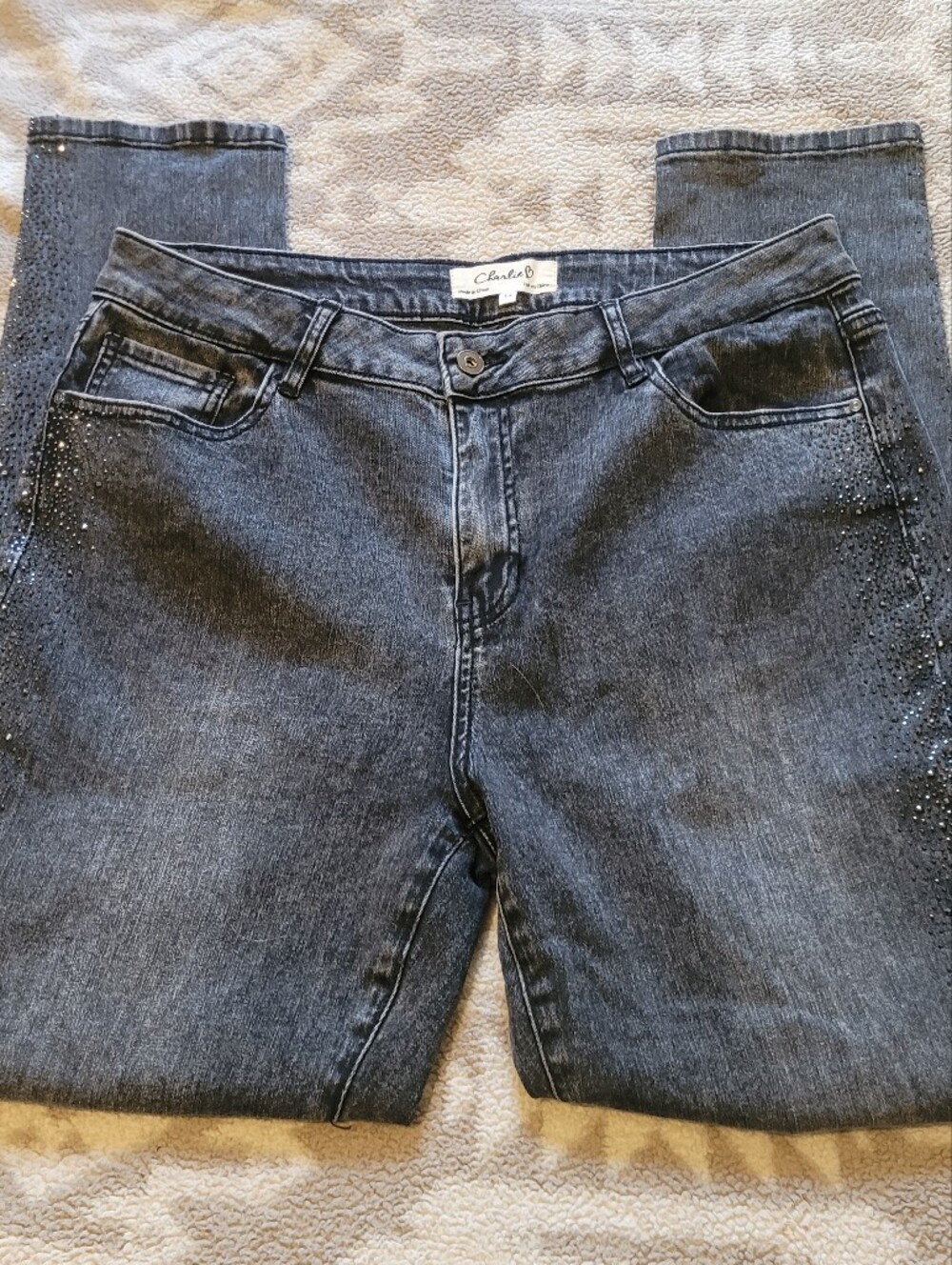CHARLIE B Dark Gray/Black Jeans with Rhinestone Embellishment